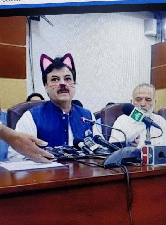 今日最佳，巴基斯坦网上直播的政府新闻发布会忘关猫猫滤镜！
