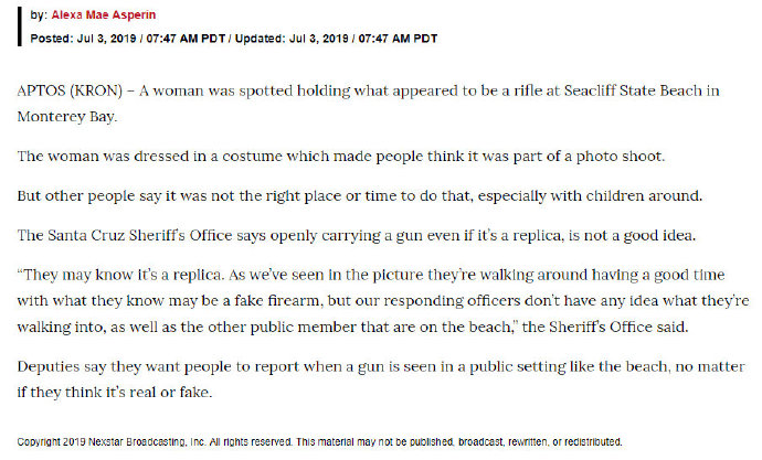 外媒报道，加利福尼亚海滩警官不建议游客手持枪械出现在公共场合