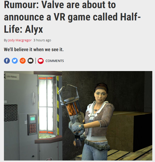 网传《半条命：Alyx》的VR游戏将于明年推出