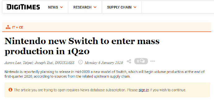 传闻：新型Switch将于2020年中旬发售