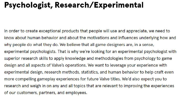Valve开始在官网上招聘心理学家、经济学家