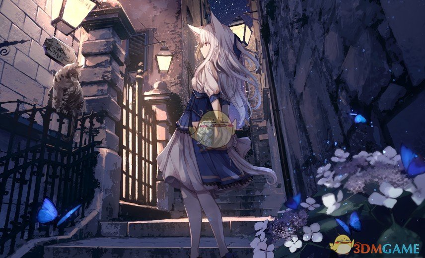 《Wallpaper Engine》西式小路上的白发猫耳少女动态壁纸百度云下载