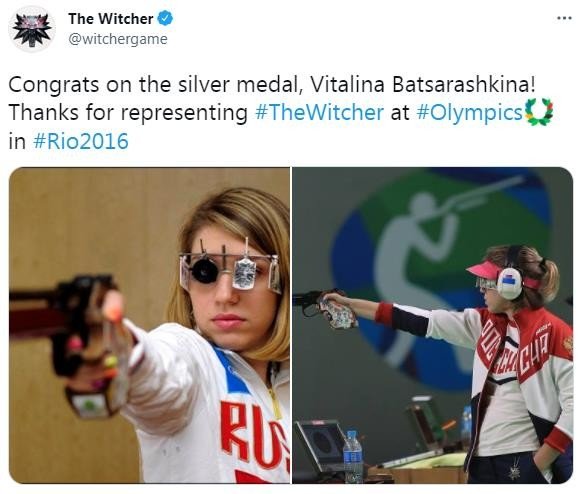 俄罗斯女运动员“维塔琳娜·巴萨拉什基娜”奥运会比赛时《巫师》猫学派徽章