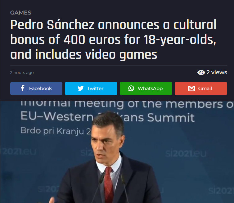 西班牙18周岁公民可以免费获得400欧元来购买电子游戏