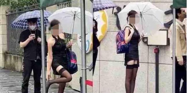 杭州女子穿短裙幼儿园门口摆拍，四五个摄影师拍了一下午