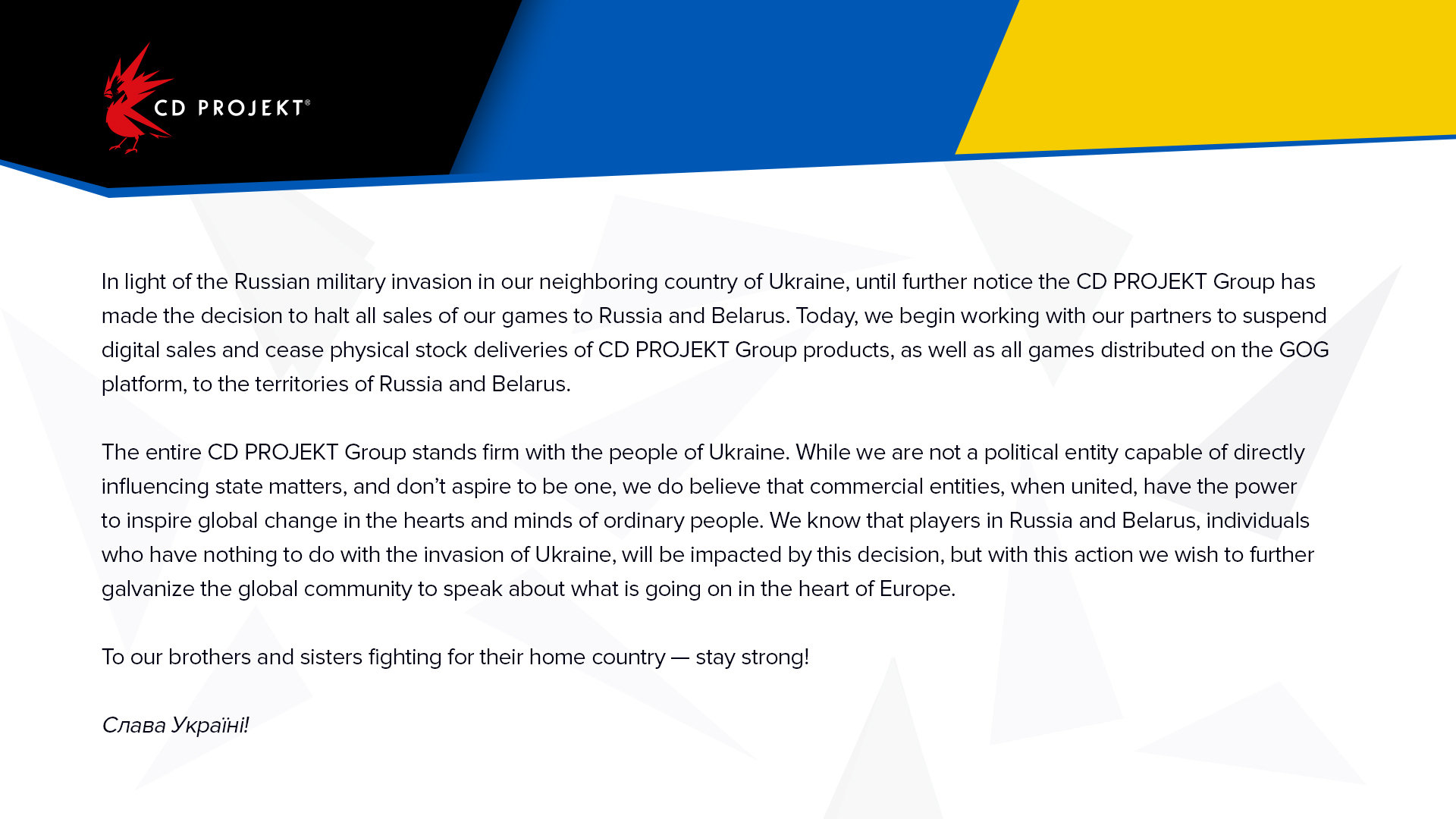 CDPR宣布将停止向俄罗斯与白俄罗斯销售旗下的游戏