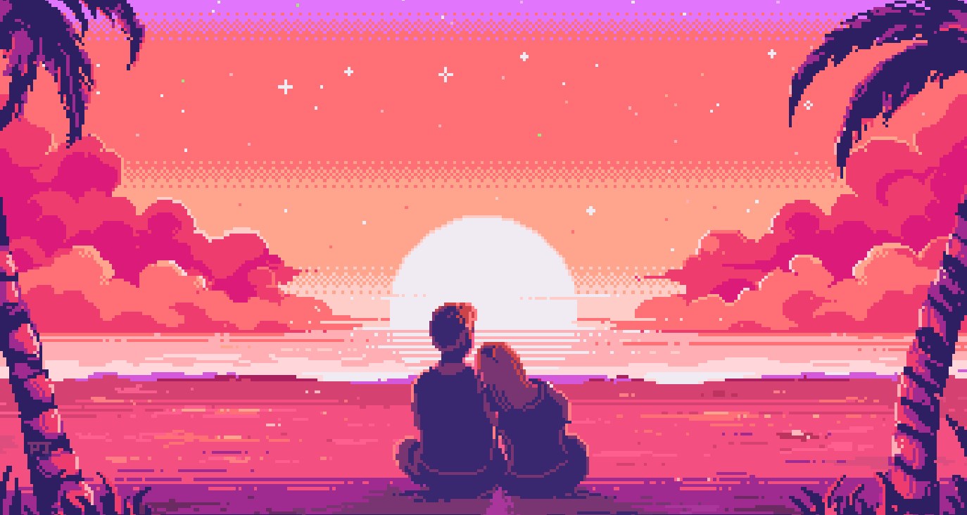 Wallpaper Engine 8Bit像素风夕阳海边与情侣 动态壁纸电脑版下载