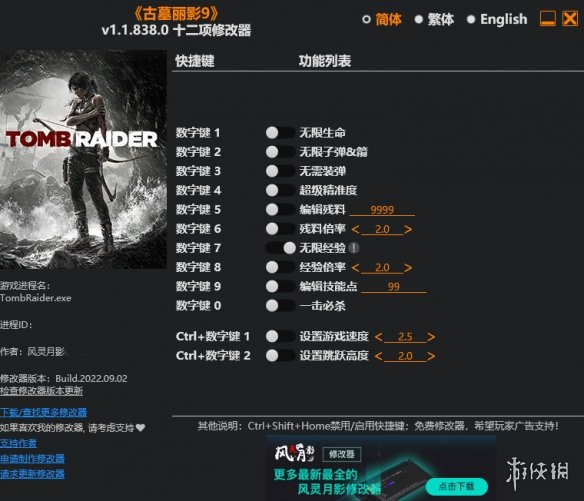 《古墓丽影9》v1.1.838.0十二项修改器风灵月影版电脑版下载